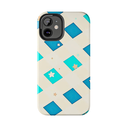 Modern Preppy Checkered Teal Stars Tough Phone Case | Aesthetic