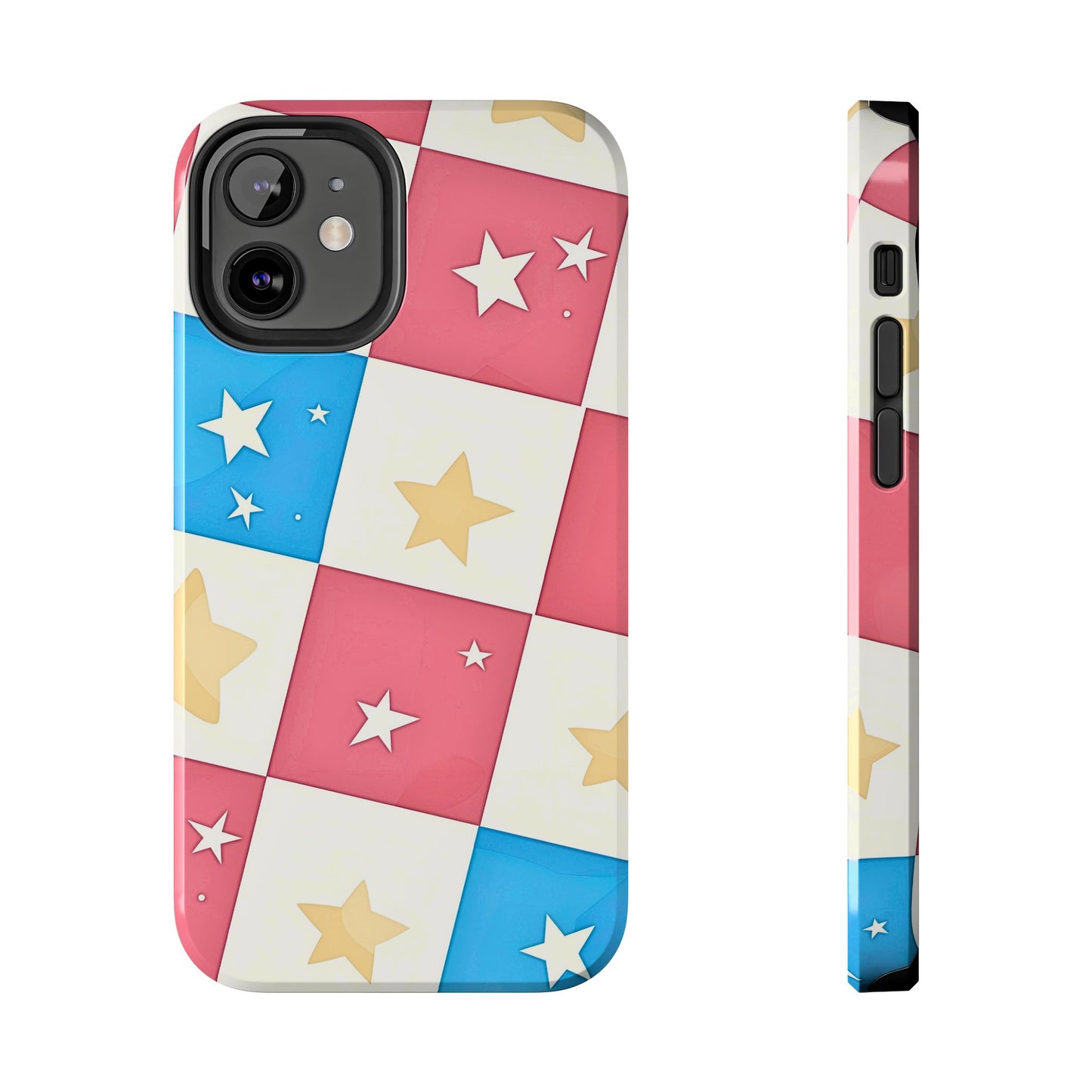 Preppy Checkered Pink & Blue Yellow Stars Tough Phone Case | Aesthetic