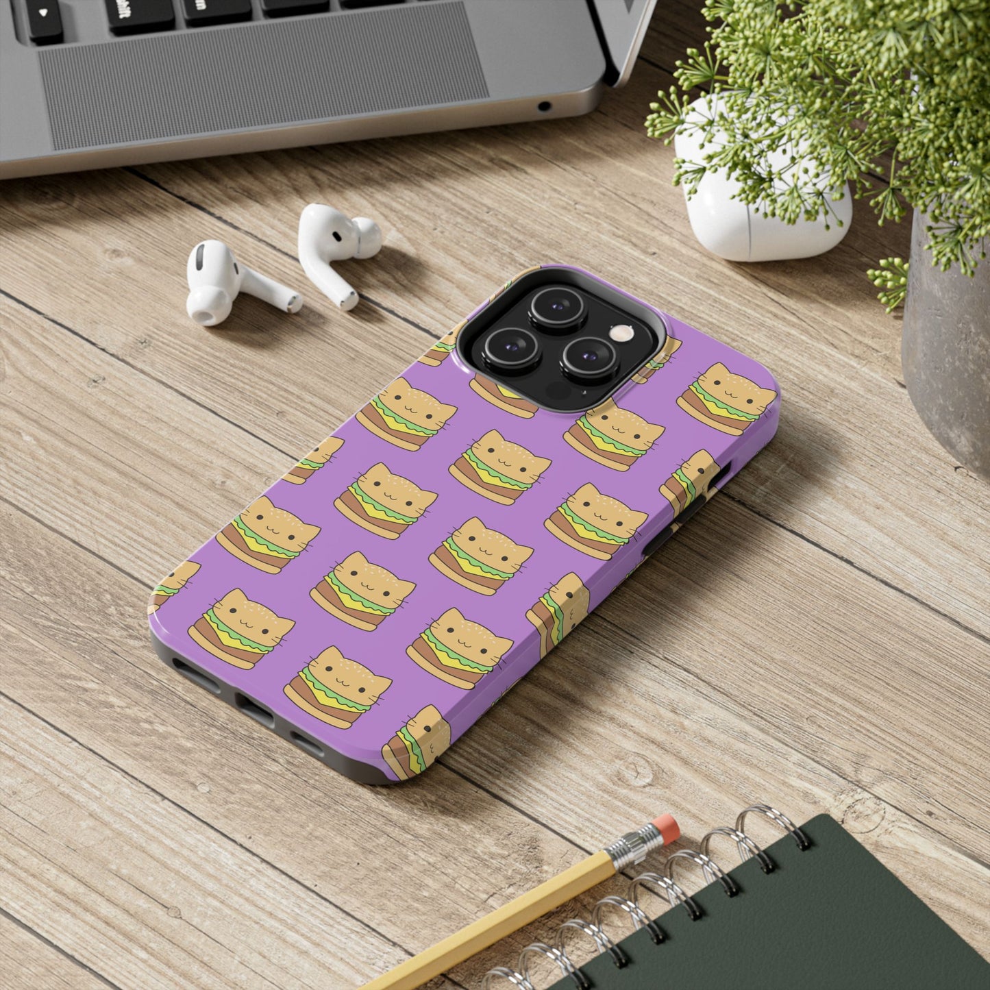 Kawaii Cat Burger Pattern Purple Background Cute Tough Phone Case | Food