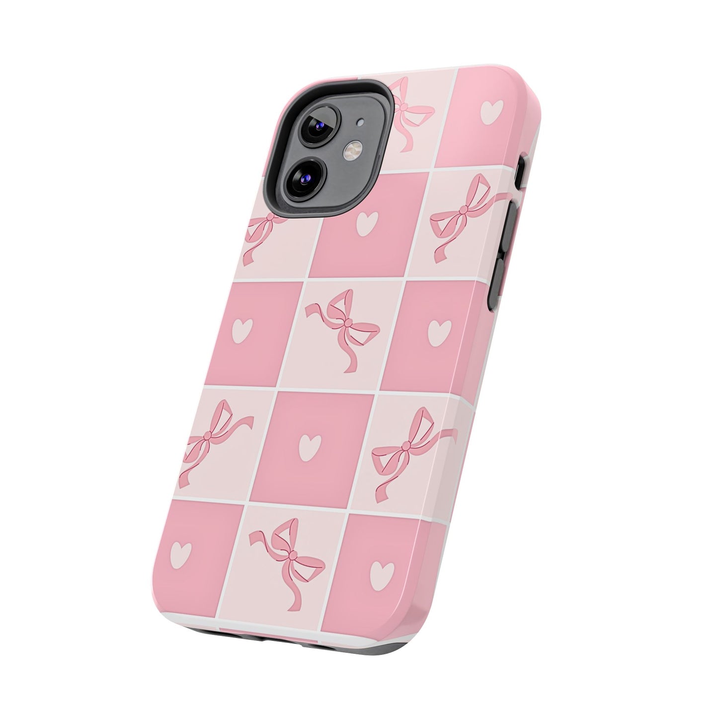 Girly Pink Bow and Heart Grid Pastel Tough Phone Case | Aesthetic
