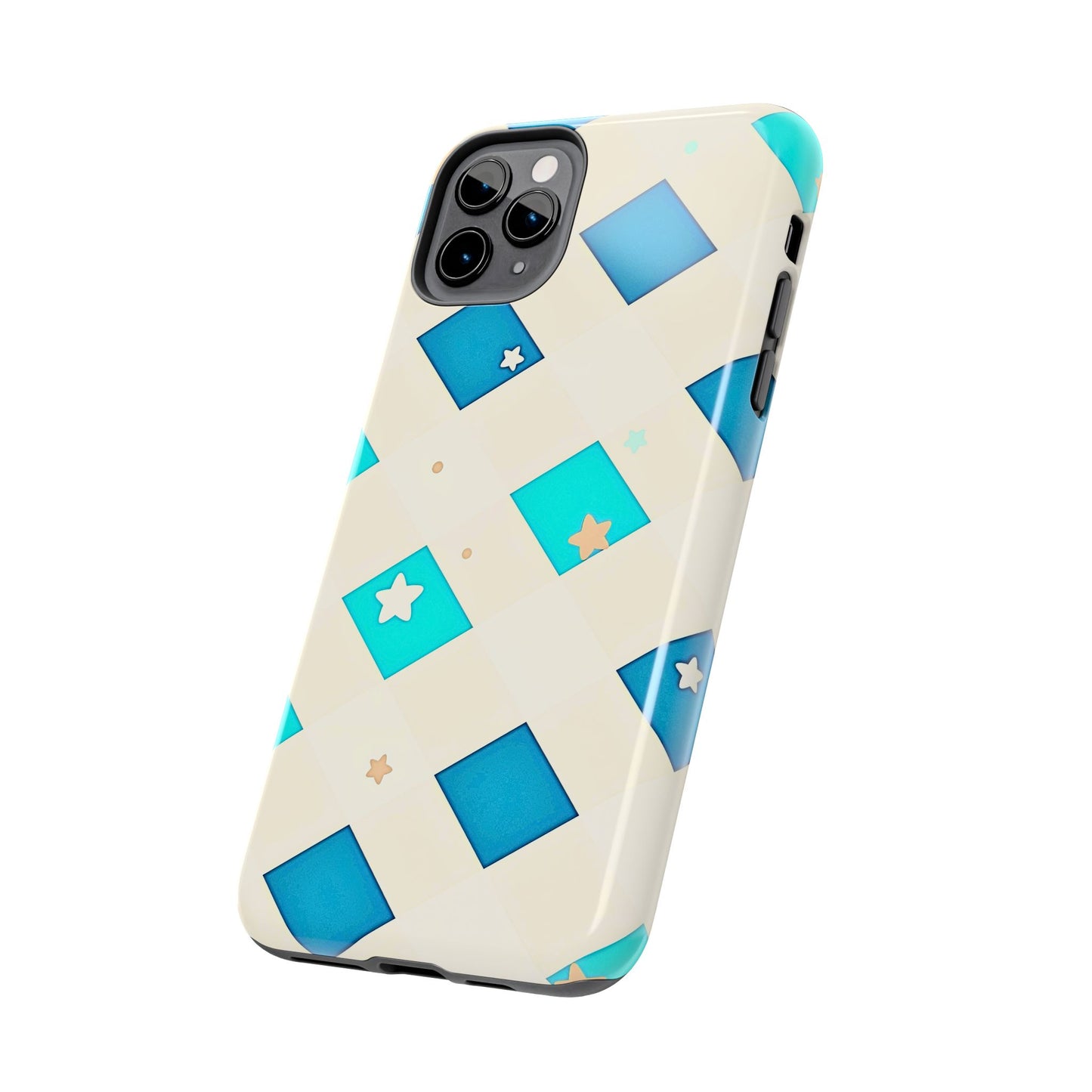 Modern Preppy Checkered Teal Stars Tough Phone Case | Aesthetic