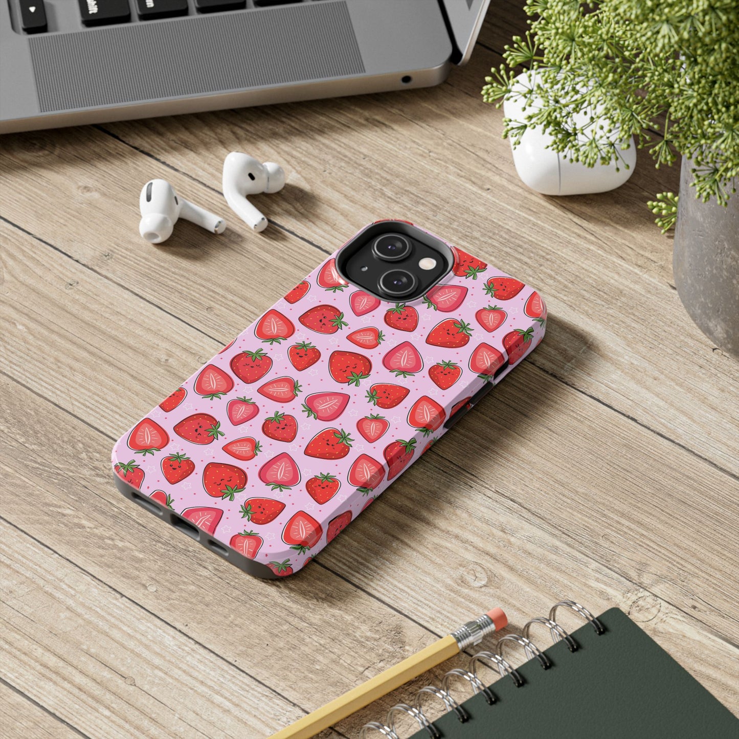Kawaii Strawberry Cartoon Pattern Pink Aesthetic Tough Phone Case | Food