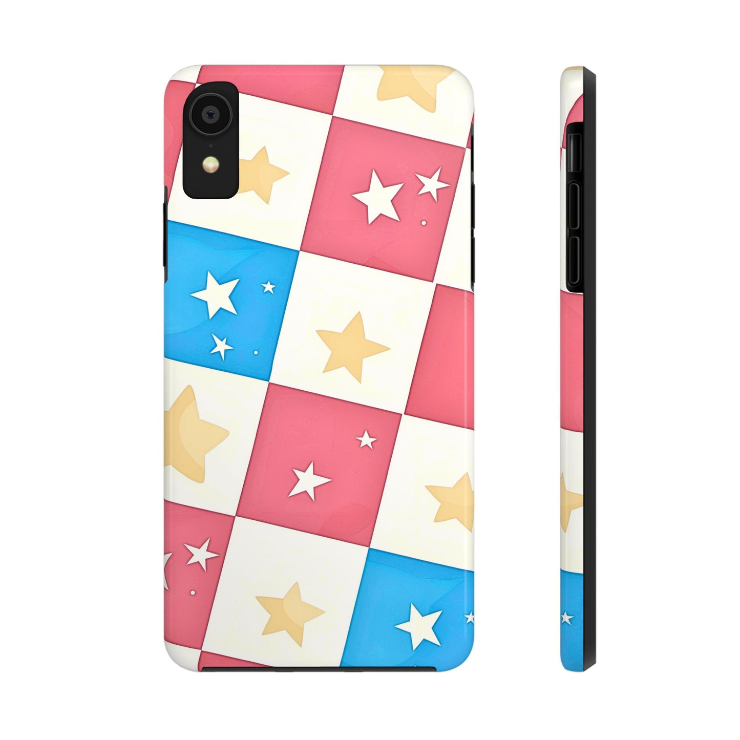 Preppy Checkered Pink & Blue Yellow Stars Tough Phone Case | Aesthetic