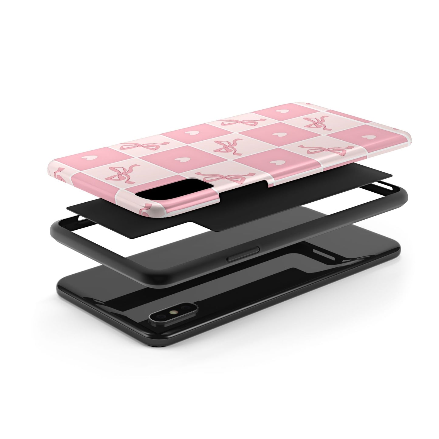 Girly Pink Bow and Heart Grid Pastel Tough Phone Case | Aesthetic