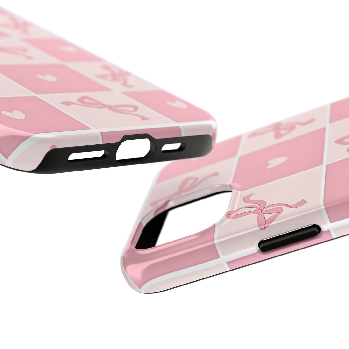 Girly Pink Bow and Heart Grid Pastel Tough Phone Case | Aesthetic
