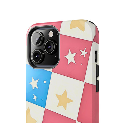 Preppy Checkered Pink & Blue Yellow Stars Tough Phone Case | Aesthetic