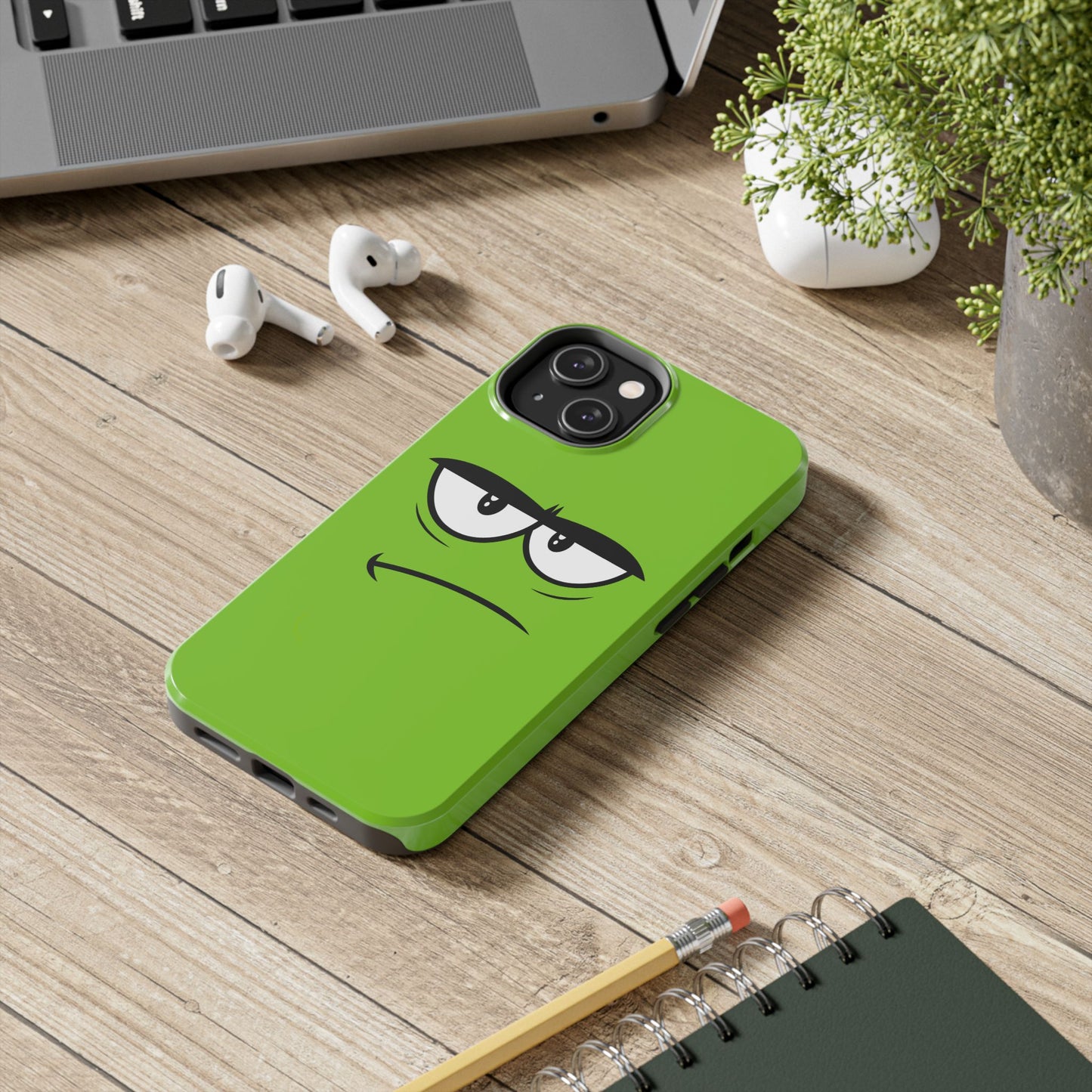 Grumpy Mood Face Green Background Funny Expression Tough Phone Case | Funny