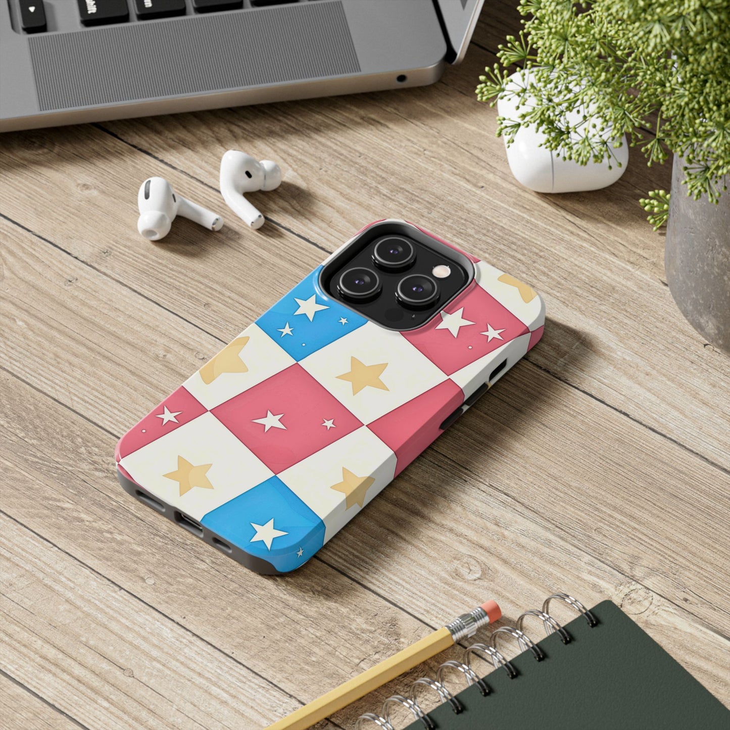 Preppy Checkered Pink & Blue Yellow Stars Tough Phone Case | Aesthetic
