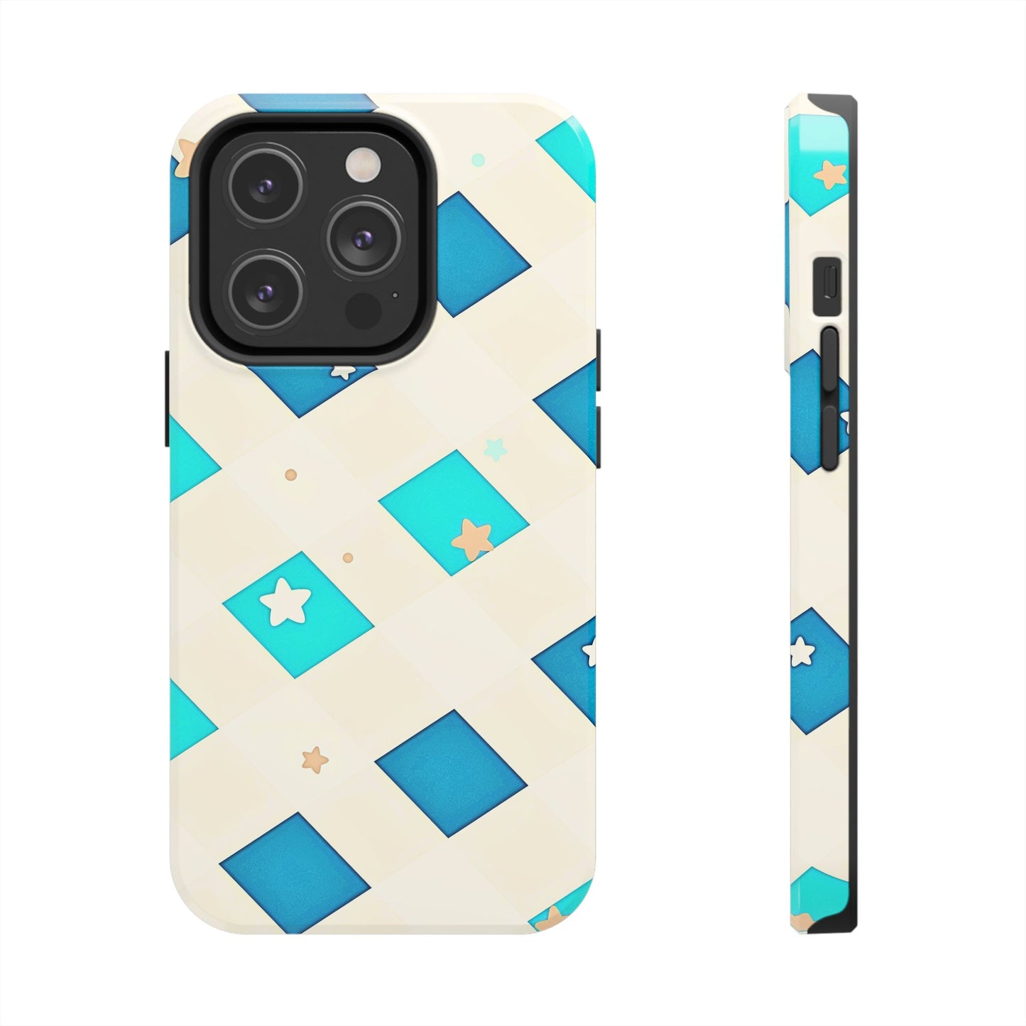 Modern Preppy Checkered Teal Stars Tough Phone Case | Aesthetic