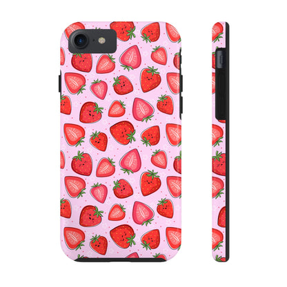 Kawaii Strawberry Cartoon Pattern Pink Aesthetic Tough Phone Case | Food