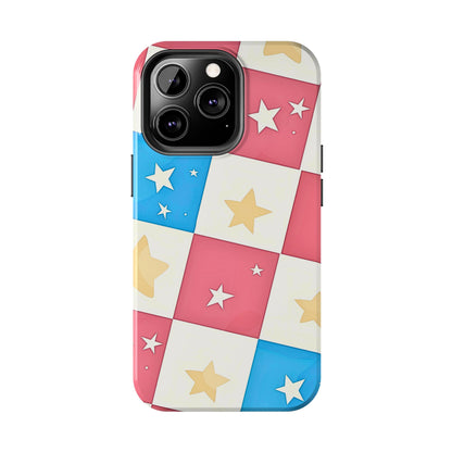 Preppy Checkered Pink & Blue Yellow Stars Tough Phone Case | Aesthetic