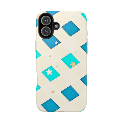 Modern Preppy Checkered Teal Stars Tough Phone Case | Aesthetic