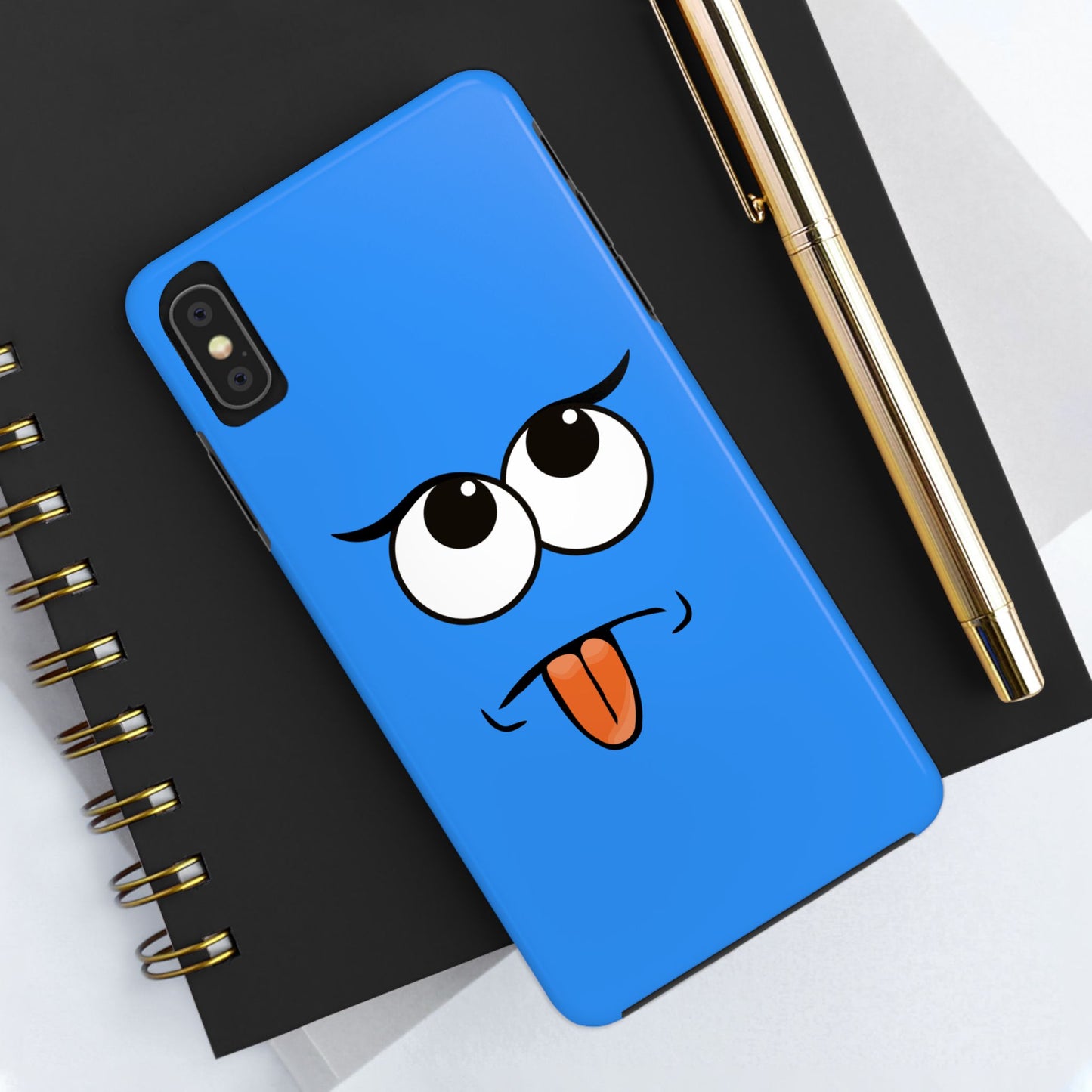 Silly Tongue Out Cartoon Face Blue Background Tough Phone Case | Funny