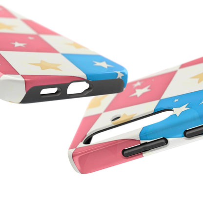 Preppy Checkered Pink & Blue Yellow Stars Tough Phone Case | Aesthetic