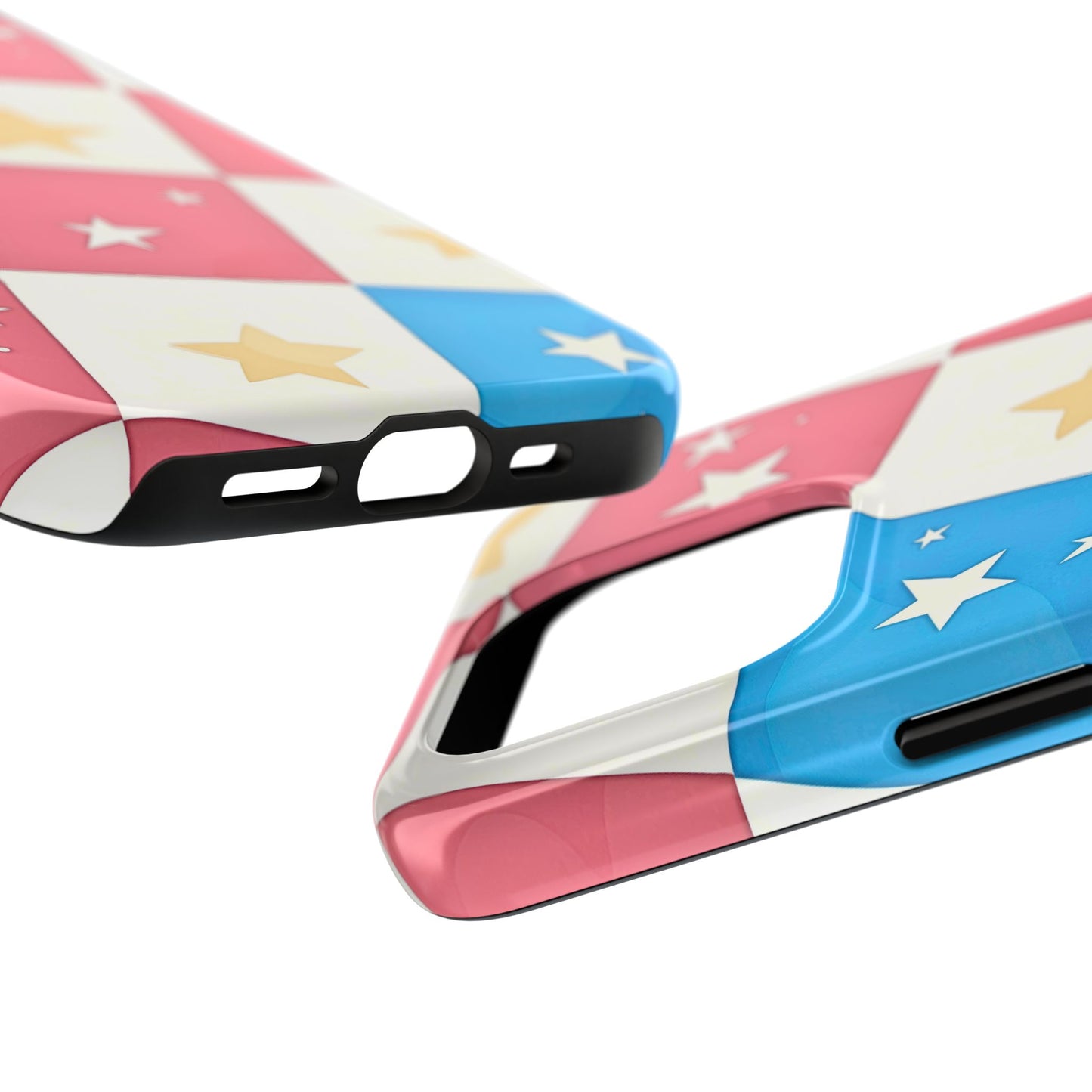 Preppy Checkered Pink & Blue Yellow Stars Tough Phone Case | Aesthetic
