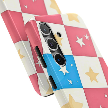 Preppy Checkered Pink & Blue Yellow Stars Tough Phone Case | Aesthetic