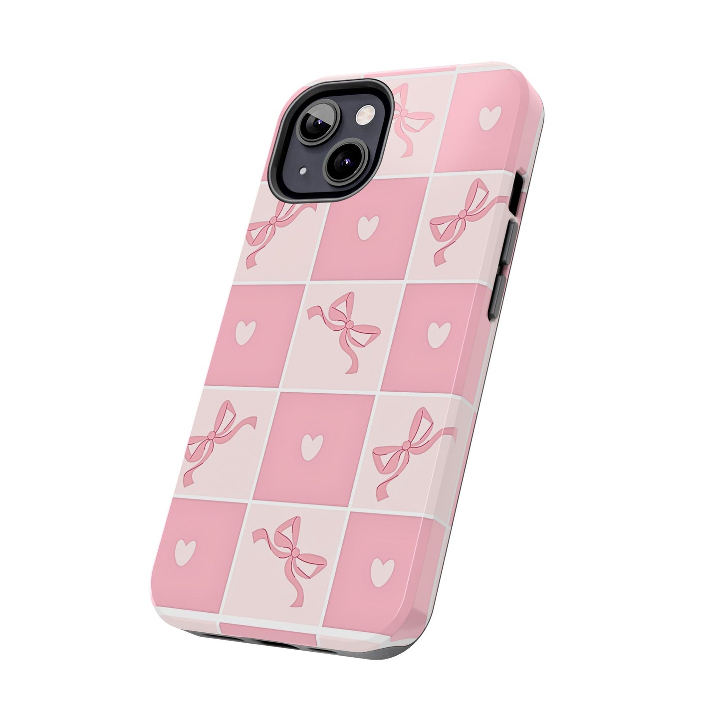 Girly Pink Bow and Heart Grid Pastel Tough Phone Case | Aesthetic
