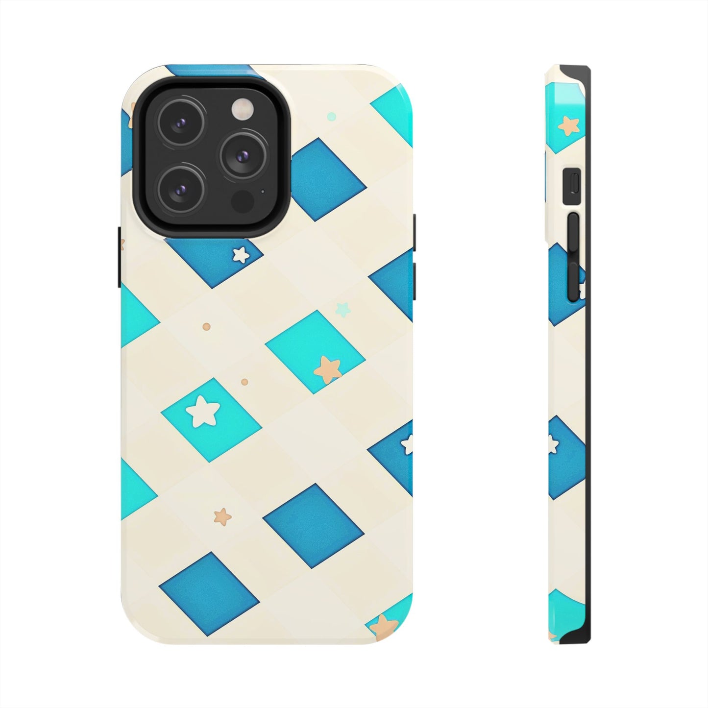 Modern Preppy Checkered Teal Stars Tough Phone Case | Aesthetic