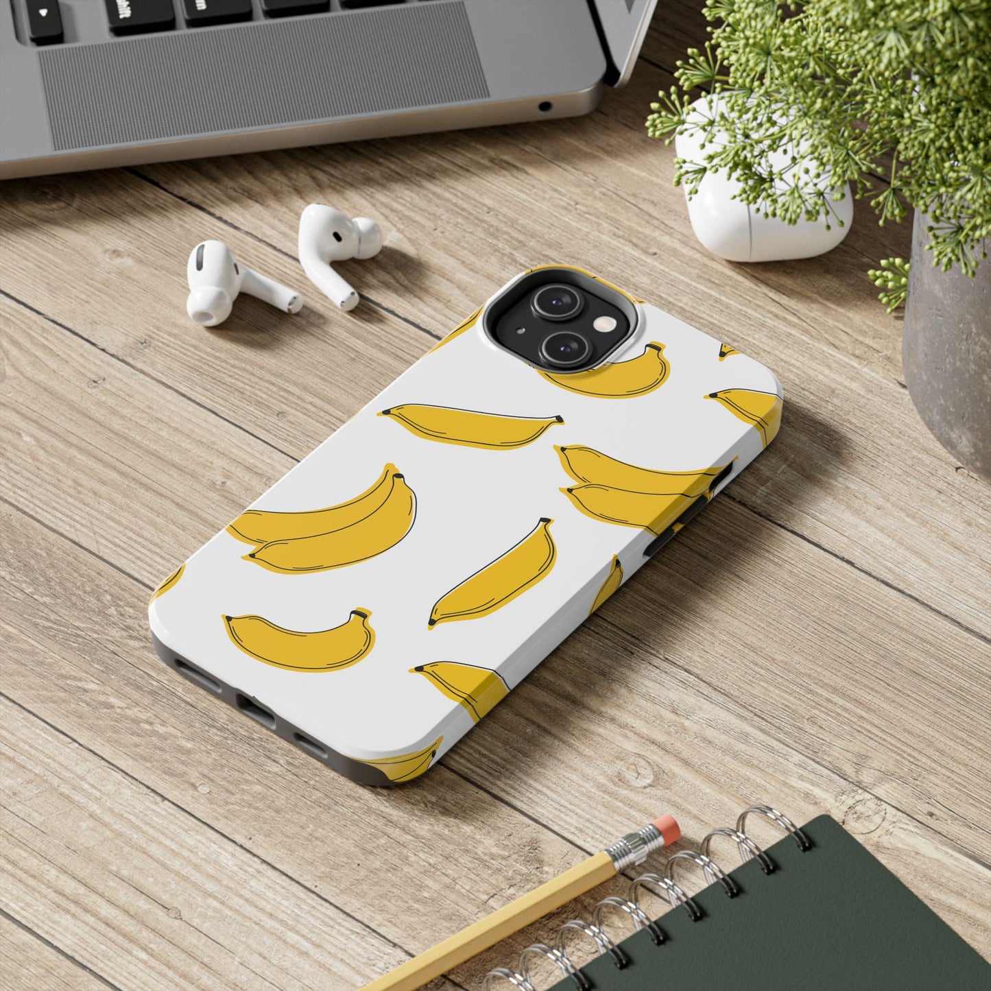 Bold Yellow Banana Pattern Minimal Line Art Tough Phone Case | Food