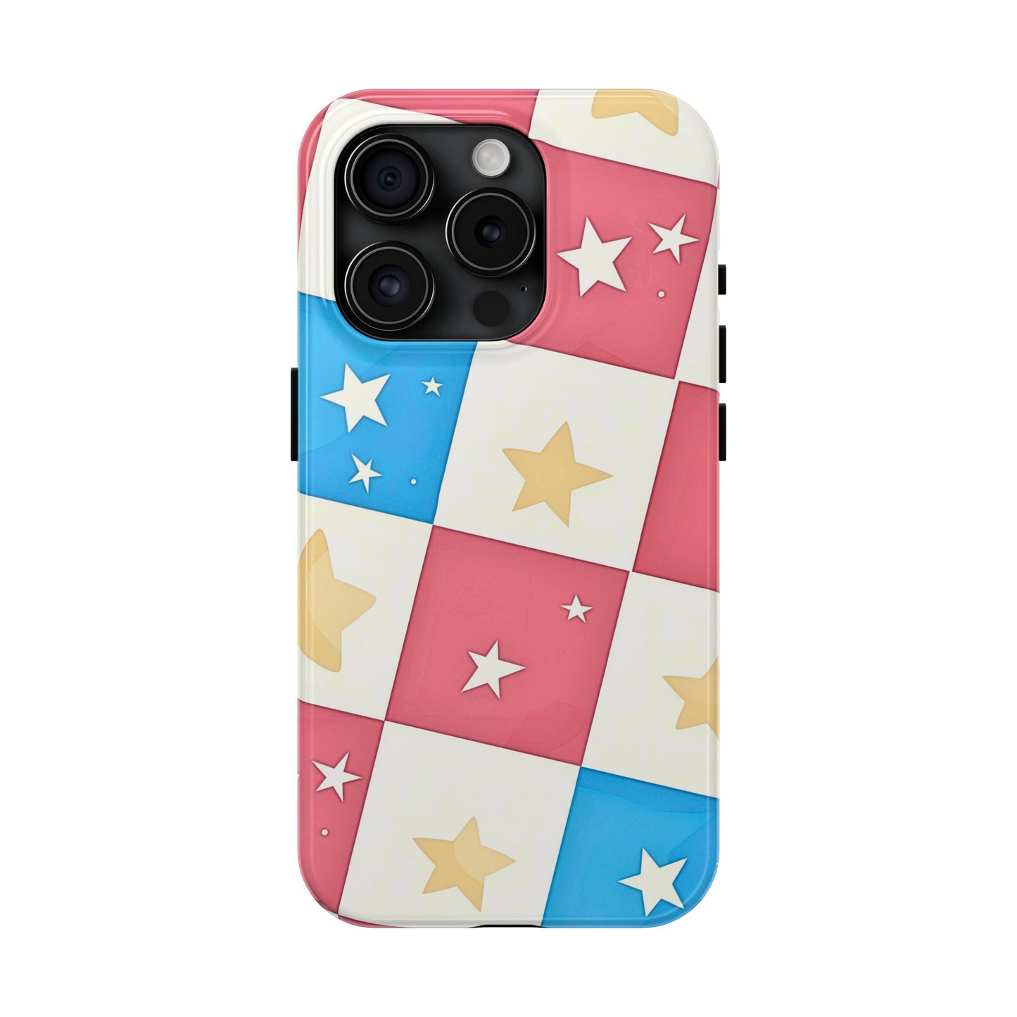 Preppy Checkered Pink & Blue Yellow Stars Tough Phone Case | Aesthetic