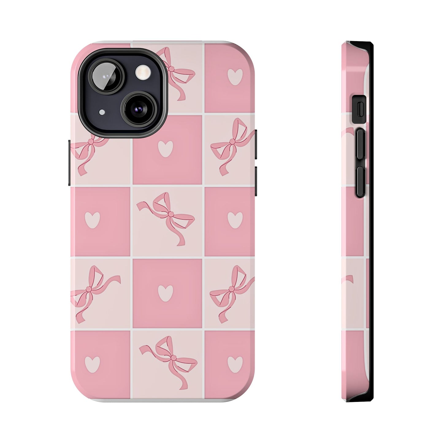 Girly Pink Bow and Heart Grid Pastel Tough Phone Case | Aesthetic