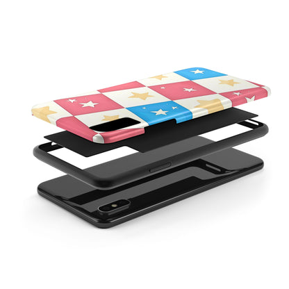 Preppy Checkered Pink & Blue Yellow Stars Tough Phone Case | Aesthetic