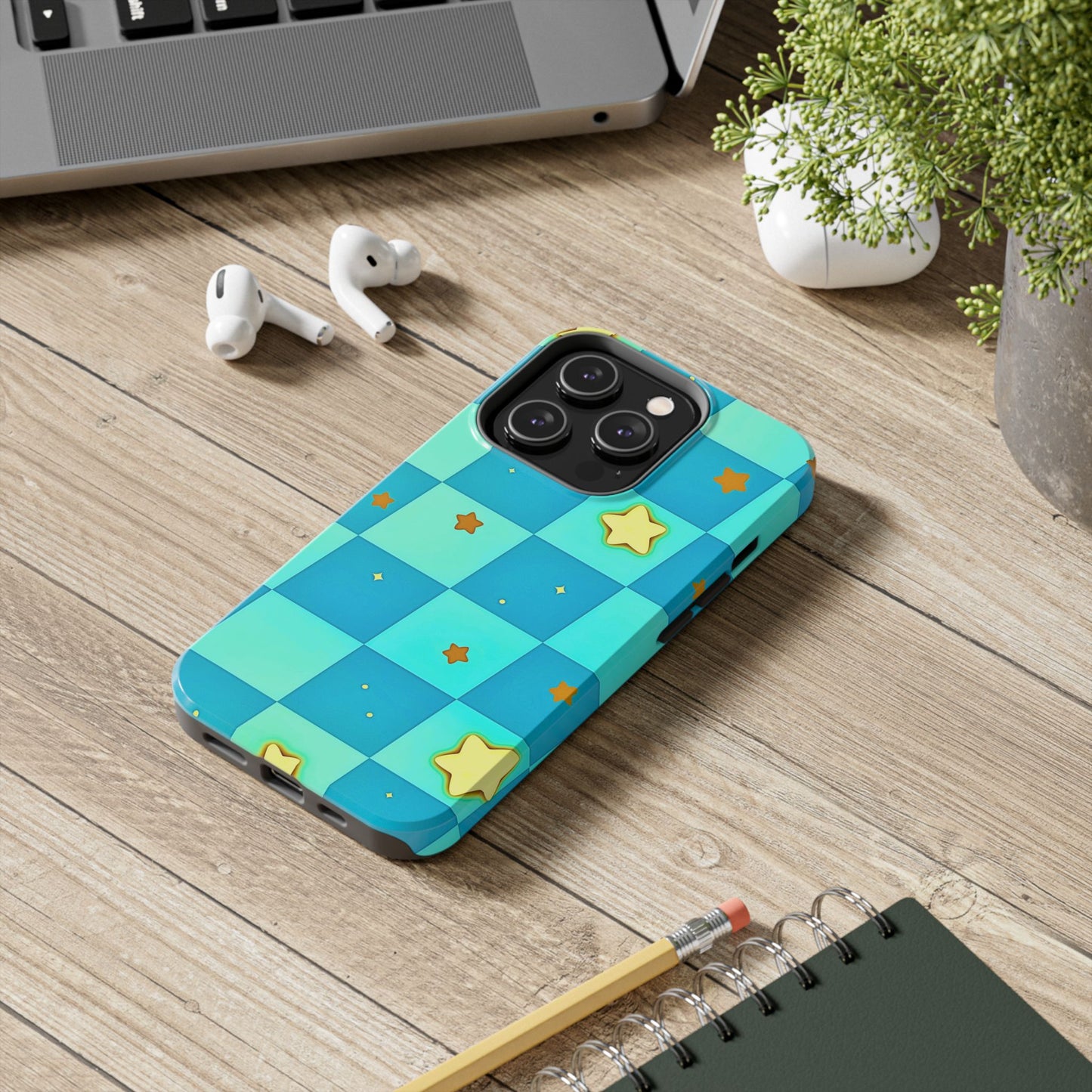 Vibrant Preppy Checkered Blue & Yellow Stars Tough Phone Case | Aesthetic