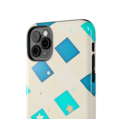 Modern Preppy Checkered Teal Stars Tough Phone Case | Aesthetic