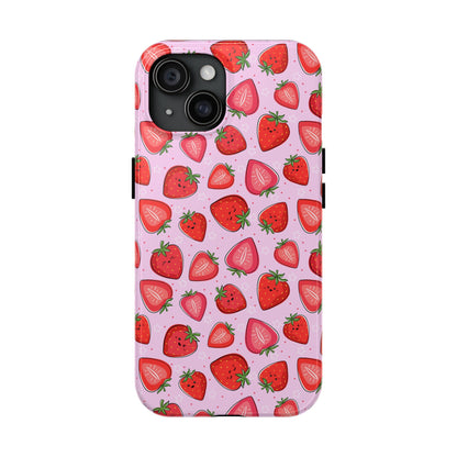 Kawaii Strawberry Cartoon Pattern Pink Aesthetic Tough Phone Case | Food