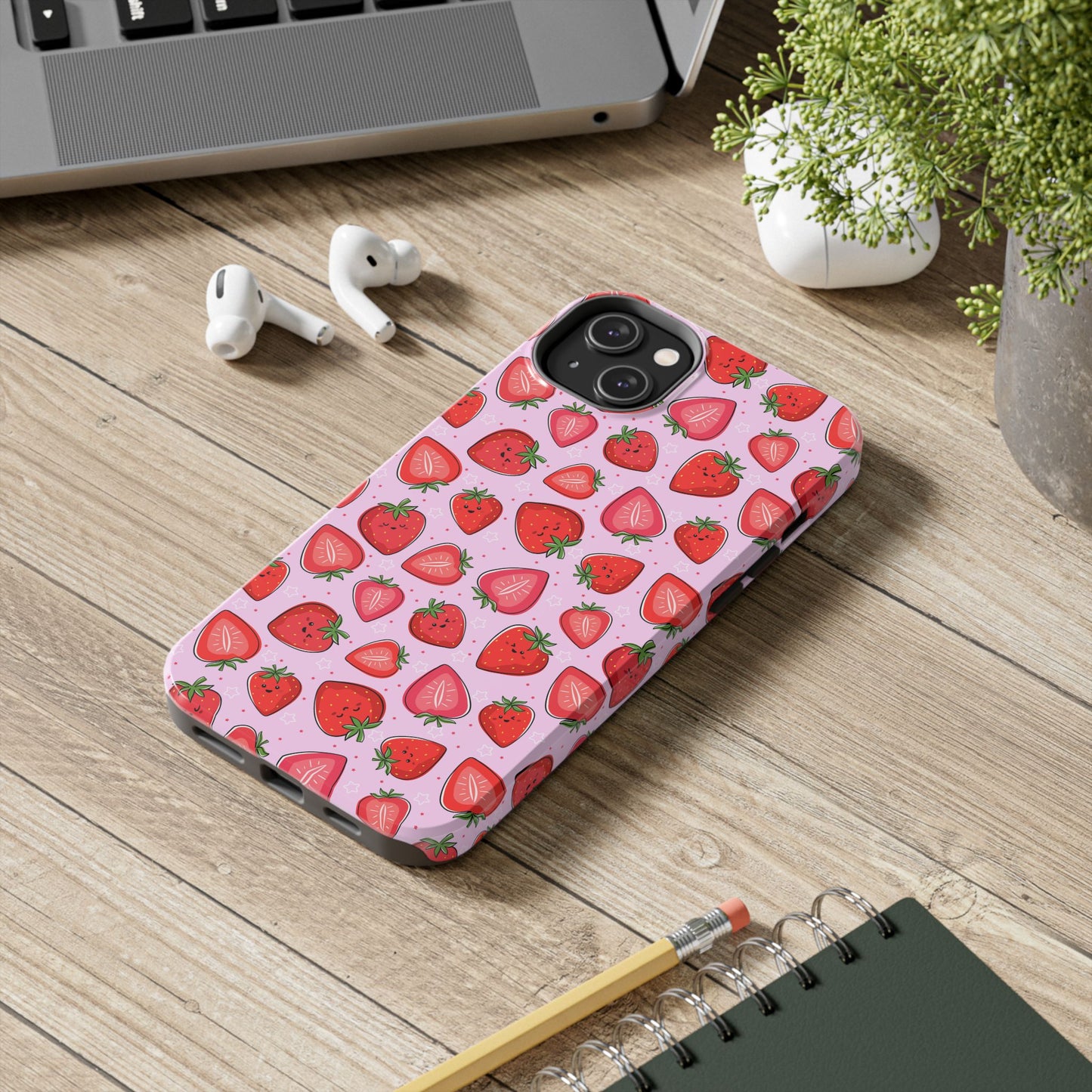 Kawaii Strawberry Cartoon Pattern Pink Aesthetic Tough Phone Case | Food