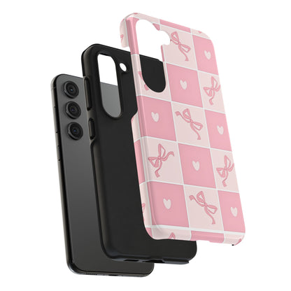Girly Pink Bow and Heart Grid Pastel Tough Phone Case | Aesthetic