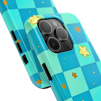 Vibrant Preppy Checkered Blue & Yellow Stars Tough Phone Case | Aesthetic