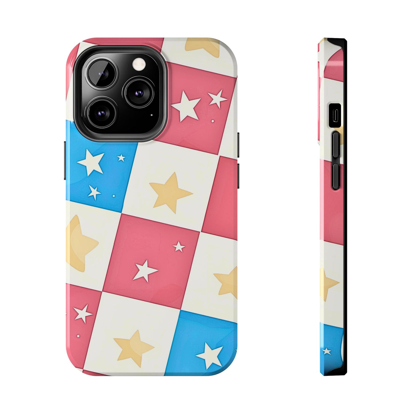 Preppy Checkered Pink & Blue Yellow Stars Tough Phone Case | Aesthetic