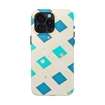 Modern Preppy Checkered Teal Stars Tough Phone Case | Aesthetic