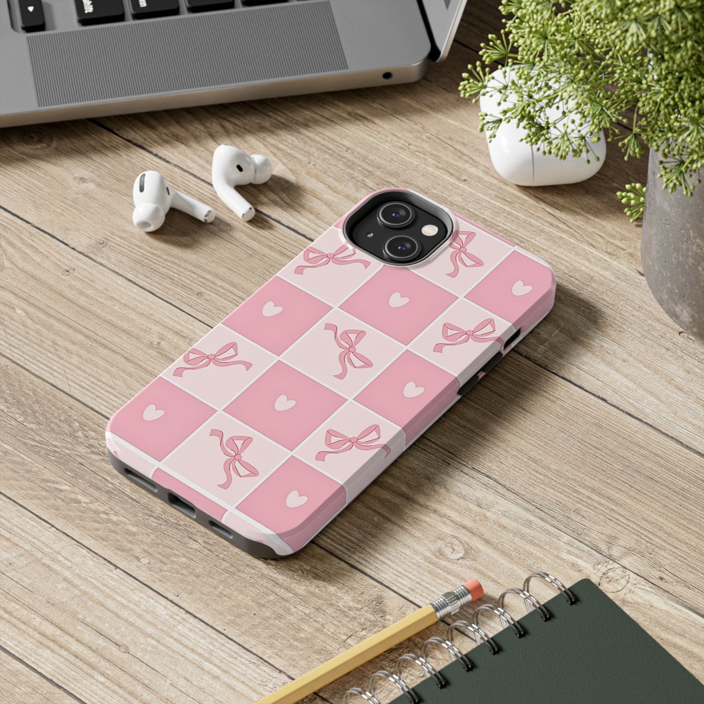 Girly Pink Bow and Heart Grid Pastel Tough Phone Case | Aesthetic