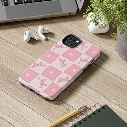 Girly Pink Bow and Heart Grid Pastel Tough Phone Case | Aesthetic