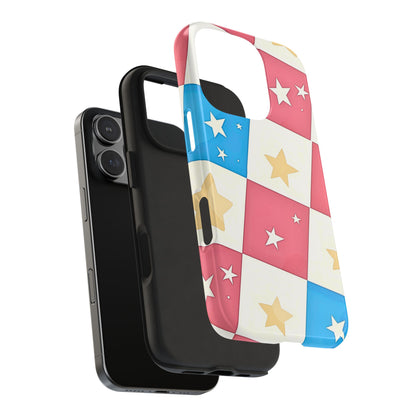 Preppy Checkered Pink & Blue Yellow Stars Tough Phone Case | Aesthetic