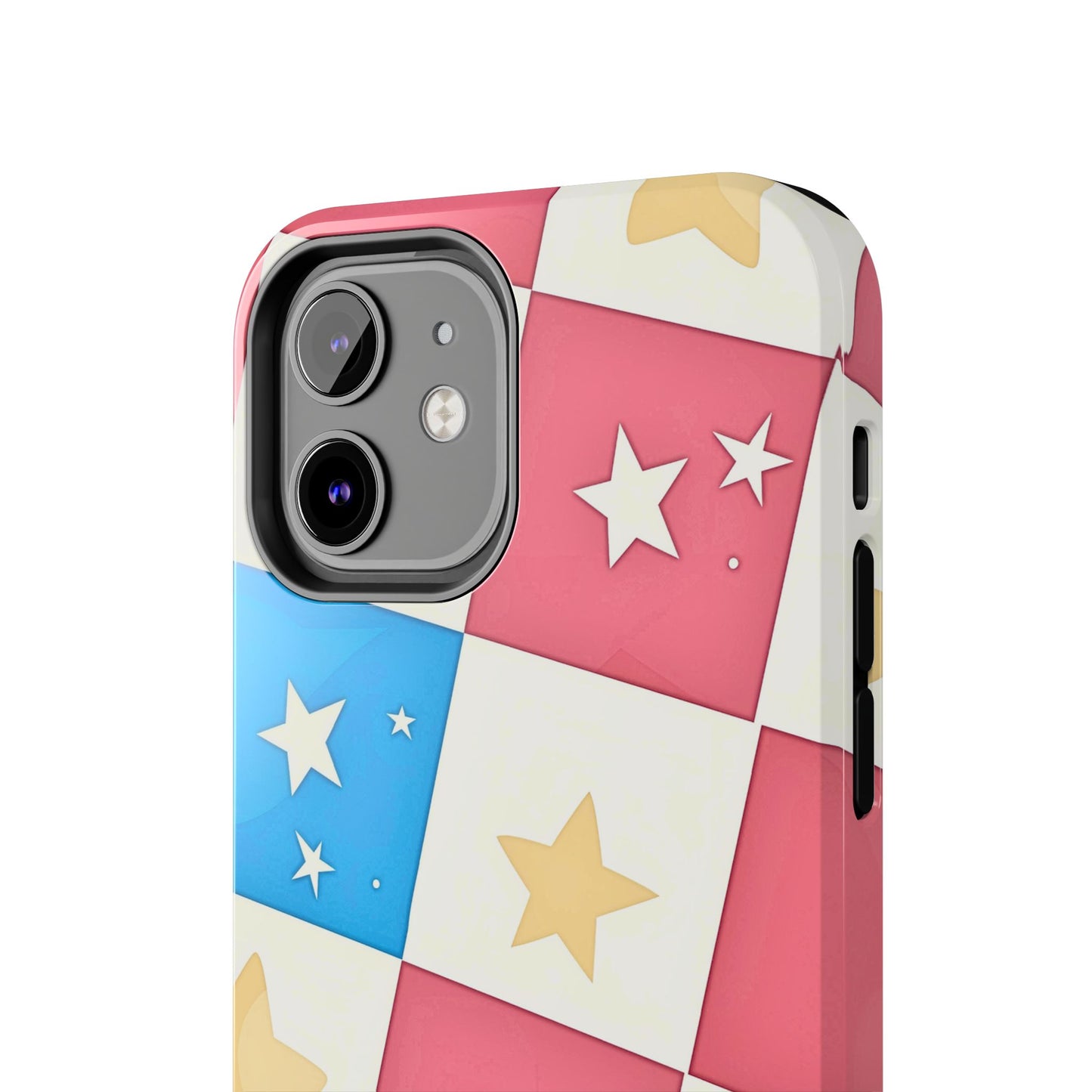 Preppy Checkered Pink & Blue Yellow Stars Tough Phone Case | Aesthetic
