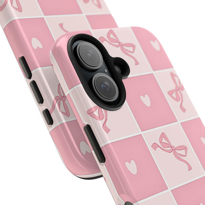 Girly Pink Bow and Heart Grid Pastel Tough Phone Case | Aesthetic