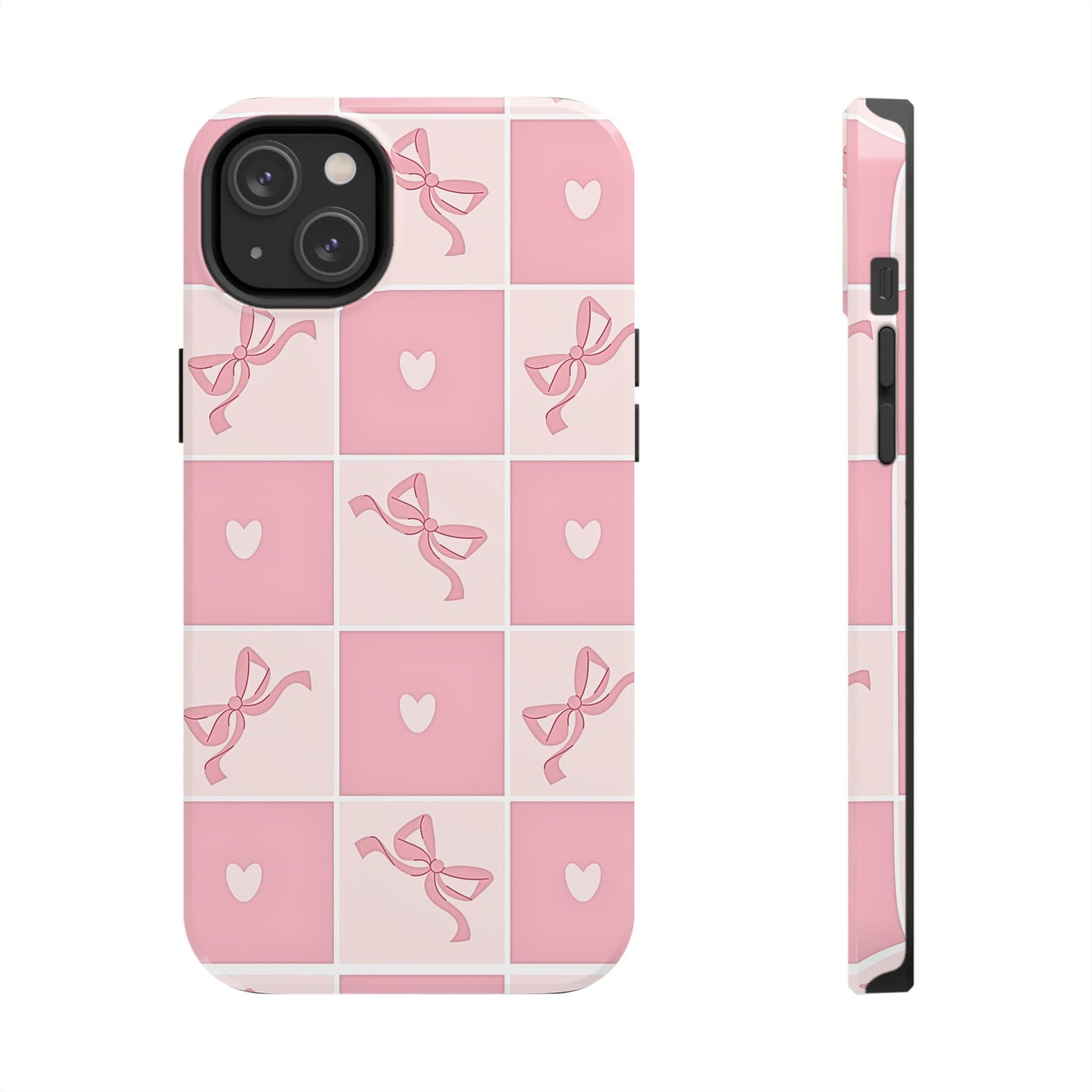 Girly Pink Bow and Heart Grid Pastel Tough Phone Case | Aesthetic