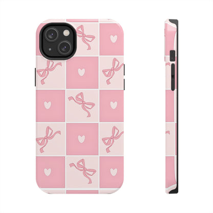 Girly Pink Bow and Heart Grid Pastel Tough Phone Case | Aesthetic