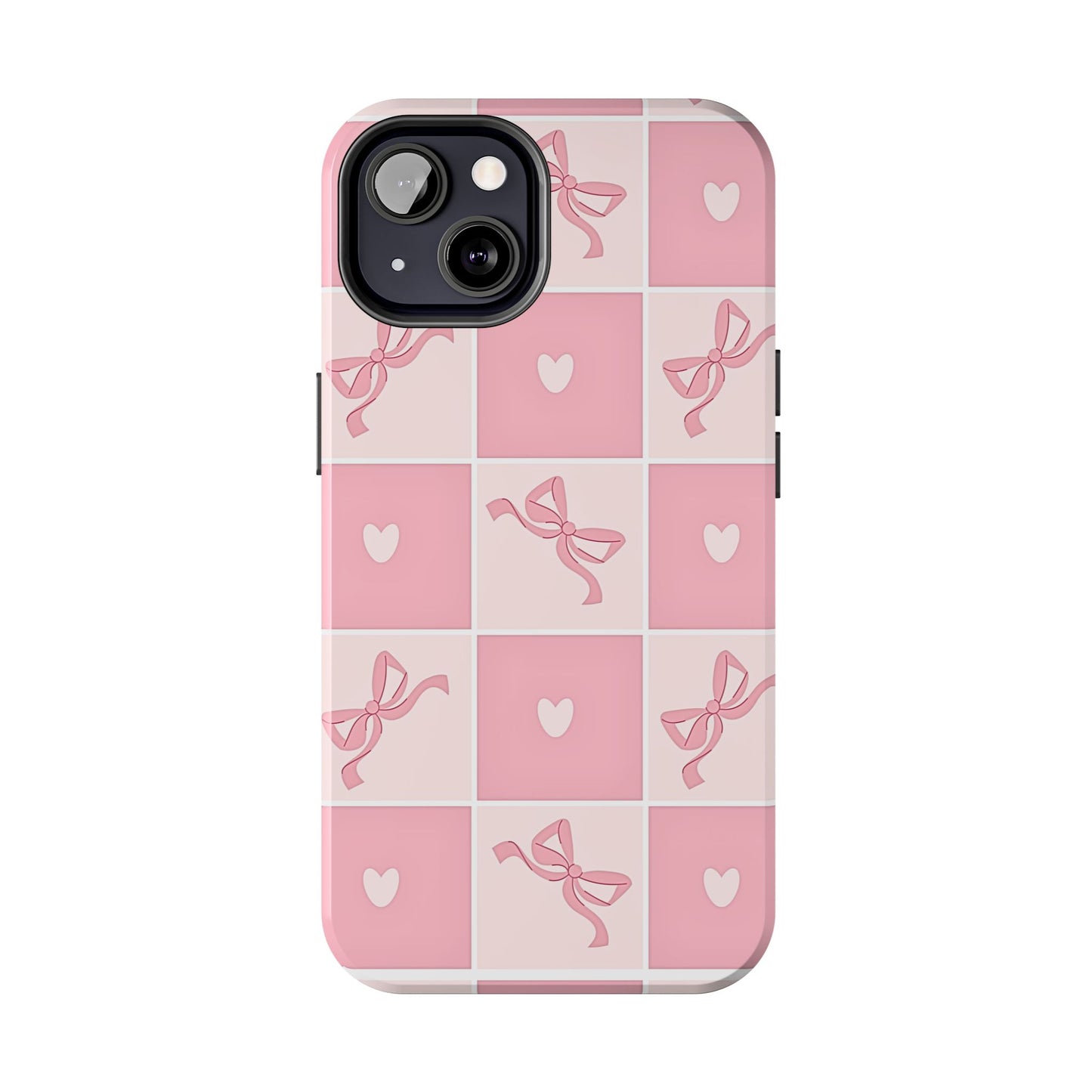 Girly Pink Bow and Heart Grid Pastel Tough Phone Case | Aesthetic