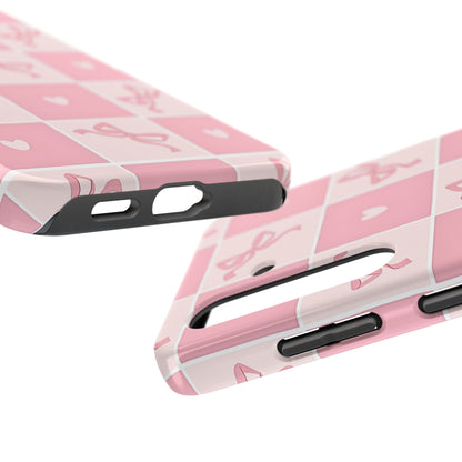 Girly Pink Bow and Heart Grid Pastel Tough Phone Case | Aesthetic