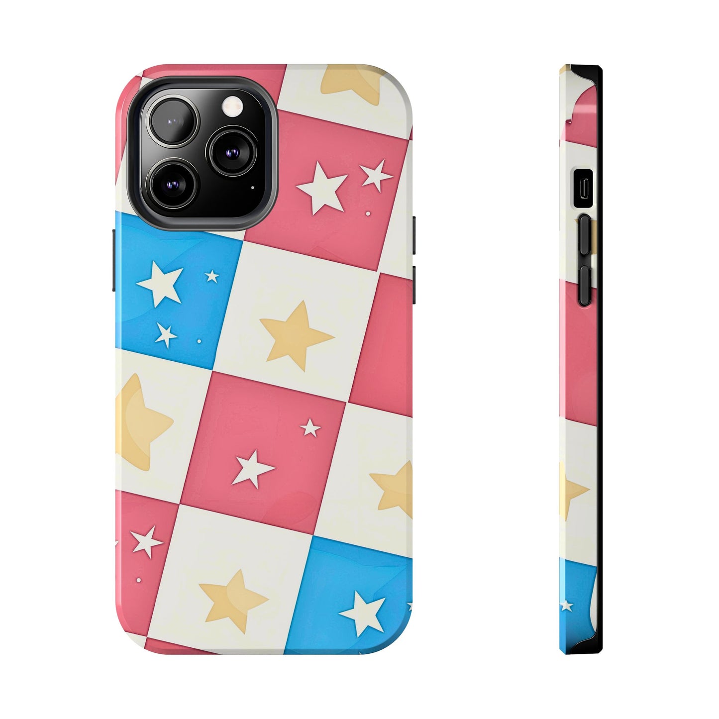 Preppy Checkered Pink & Blue Yellow Stars Tough Phone Case | Aesthetic