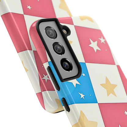 Preppy Checkered Pink & Blue Yellow Stars Tough Phone Case | Aesthetic