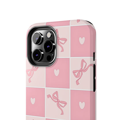 Girly Pink Bow and Heart Grid Pastel Tough Phone Case | Aesthetic