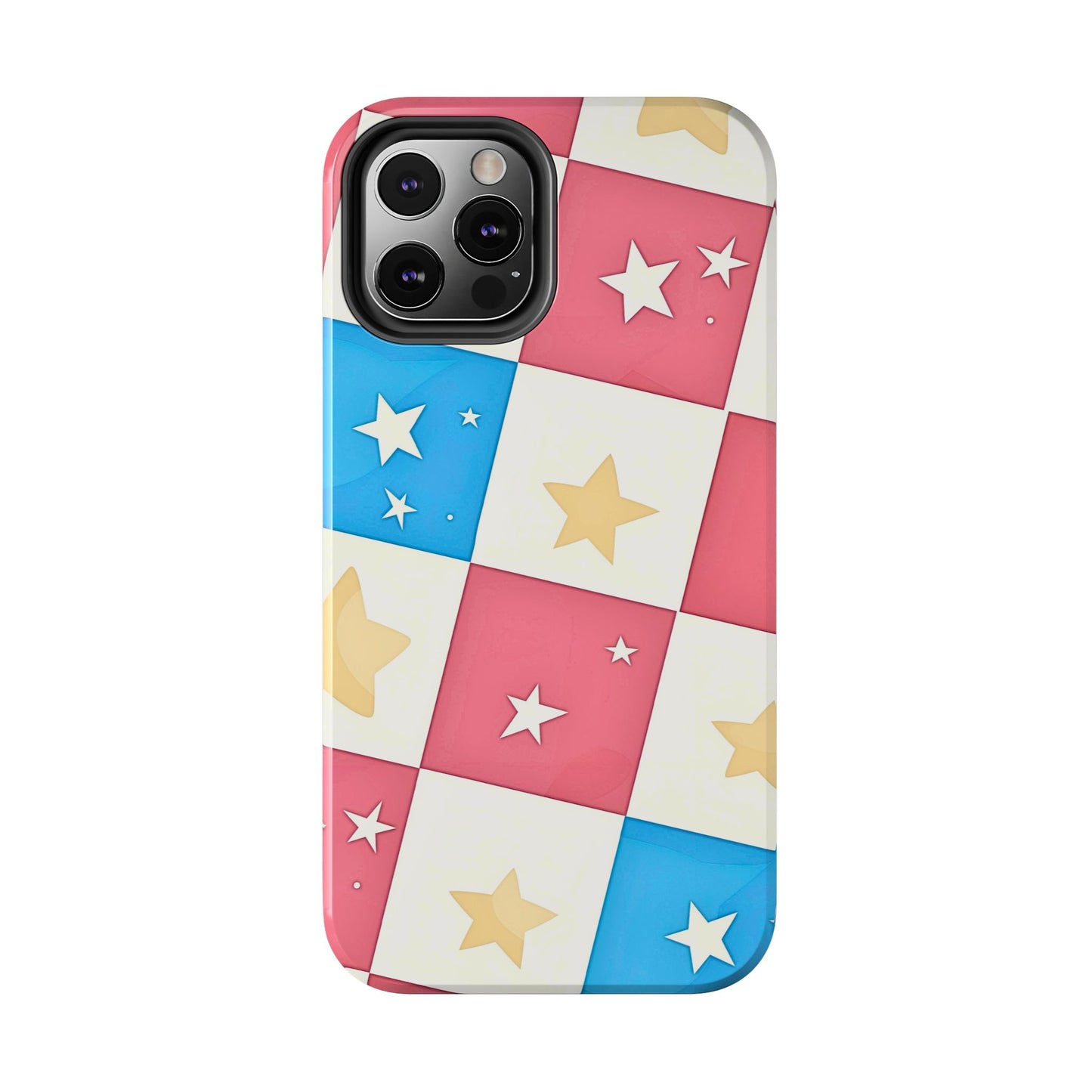 Preppy Checkered Pink & Blue Yellow Stars Tough Phone Case | Aesthetic