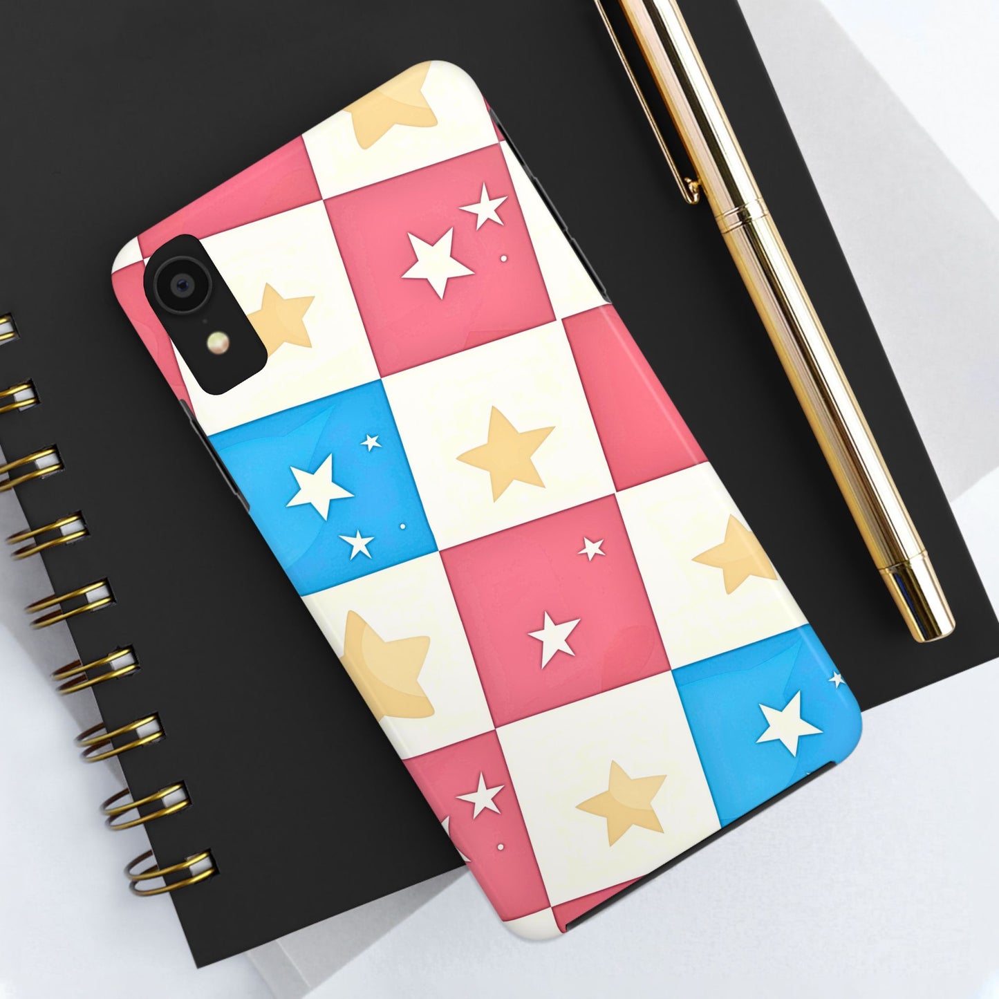 Preppy Checkered Pink & Blue Yellow Stars Tough Phone Case | Aesthetic