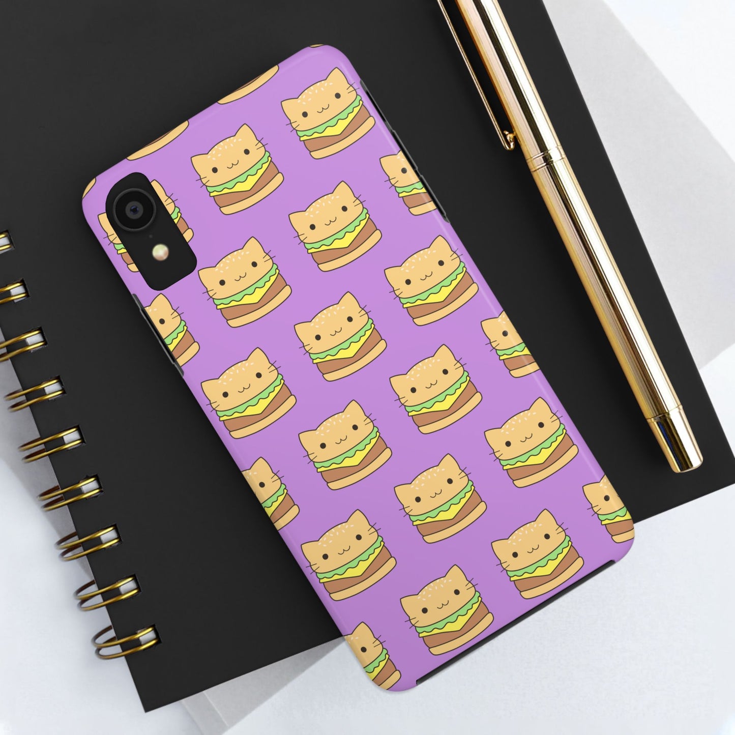 Kawaii Cat Burger Pattern Purple Background Cute Tough Phone Case | Food