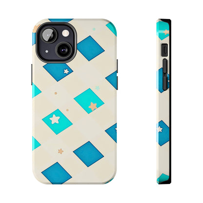Modern Preppy Checkered Teal Stars Tough Phone Case | Aesthetic